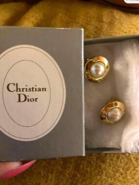 Christian Dior Round Gold Crystal Edged Pearl Earrings with original Box Vintage